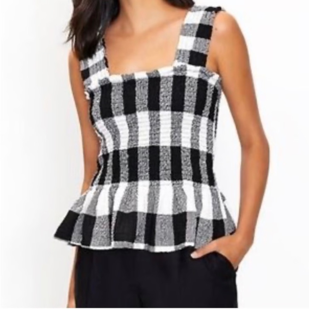 LOFT Black and White Gingham Peplum Blouse